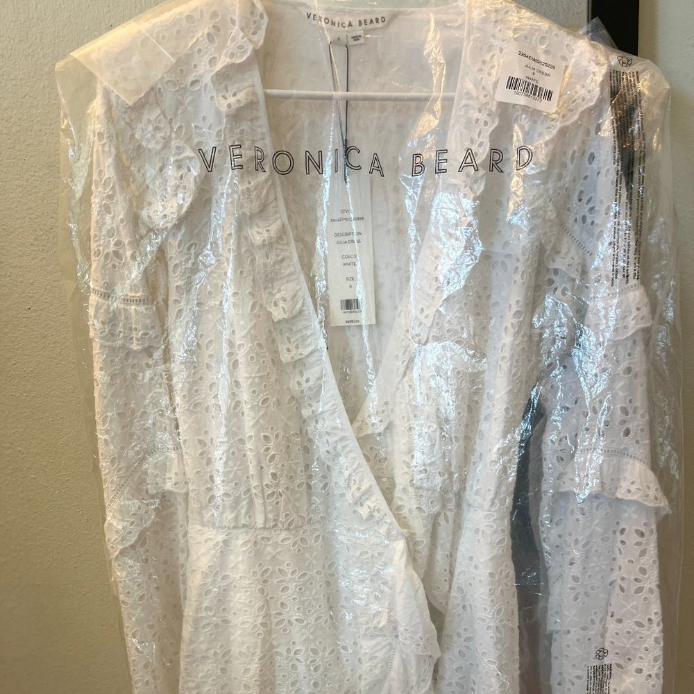 NWT  Veronica beard  Julia Eyelet Mini Dress Embroidered Wrap Ruffle Ivory  8